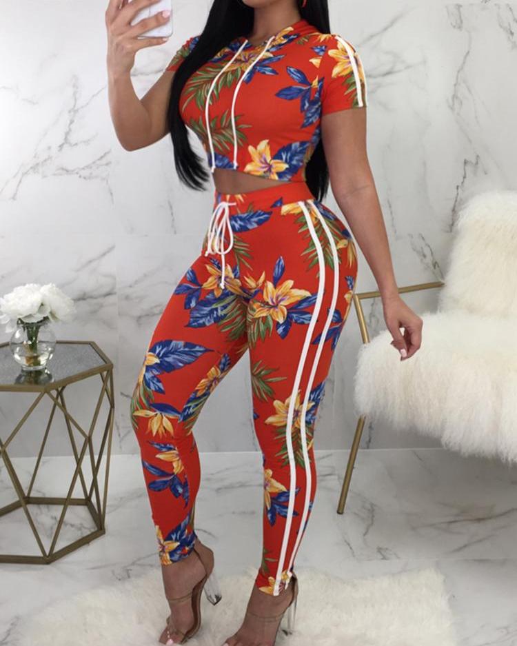 

Floral Print Crop Top & Drawstring Pants Set