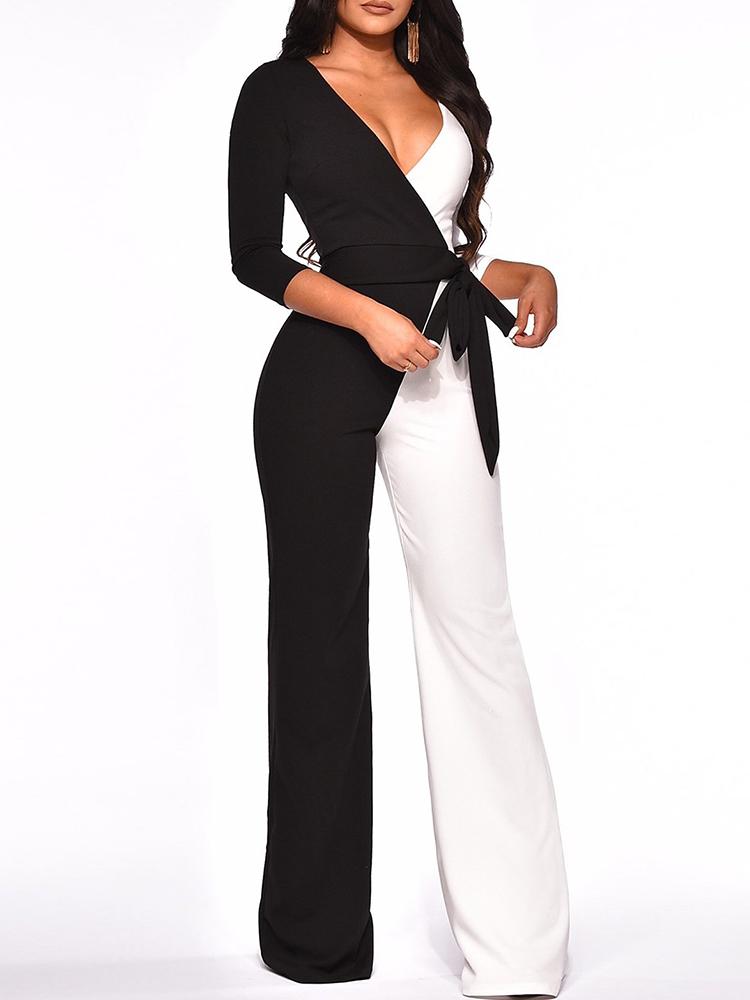 

Contrast Color Deep V-Neck Belted Jumpsuit, Black