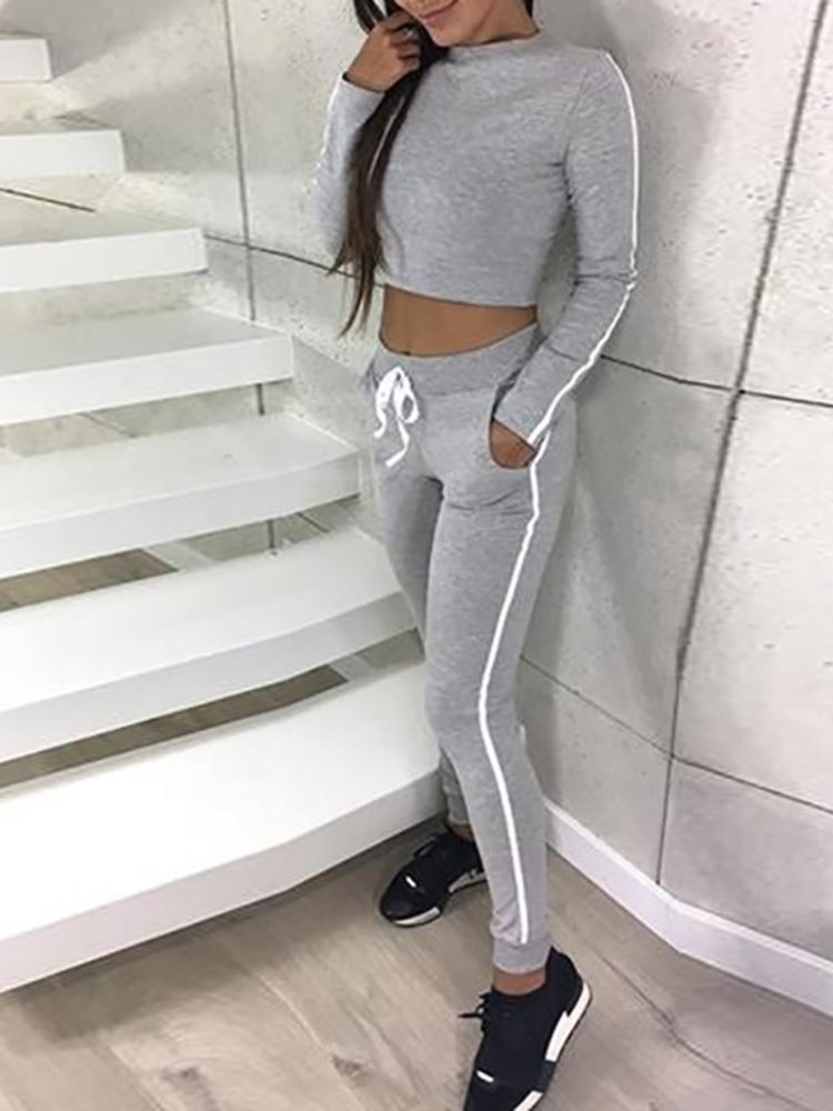 

Striped Tape Crop Top & Drawstring Pants Sets, Gray
