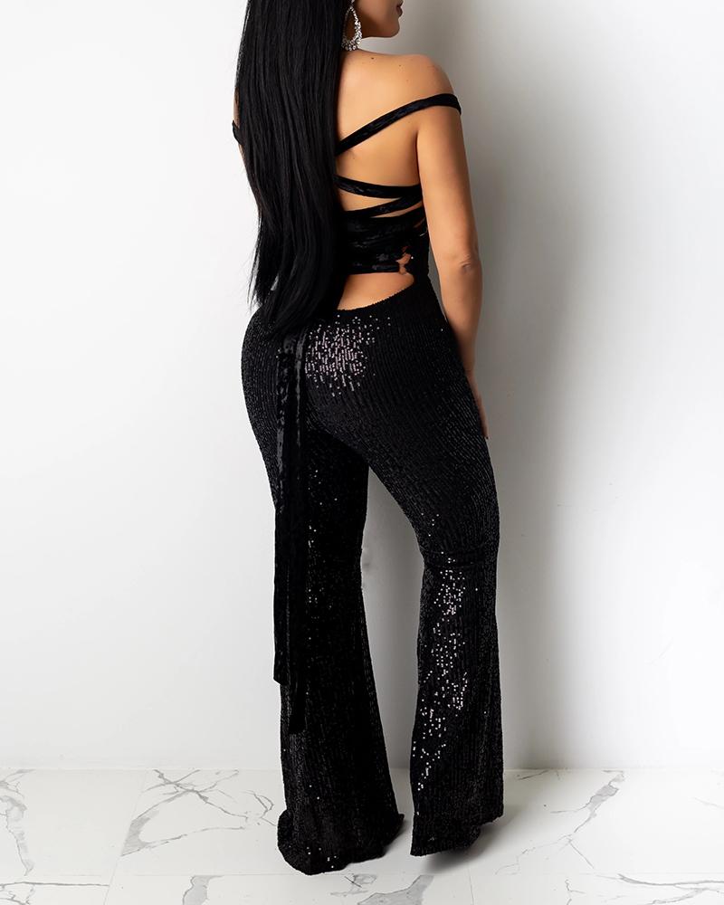 

Thick Strap Back Bandage Sequin Jumpsuit, Black