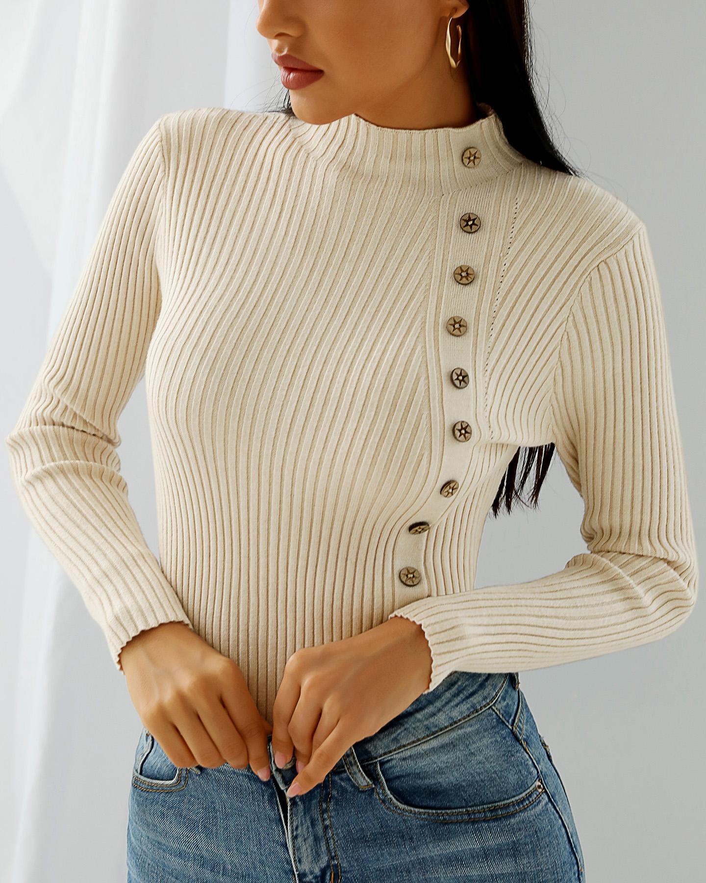 

Button Design Solid Long Sleeve Knit Top, Apricot