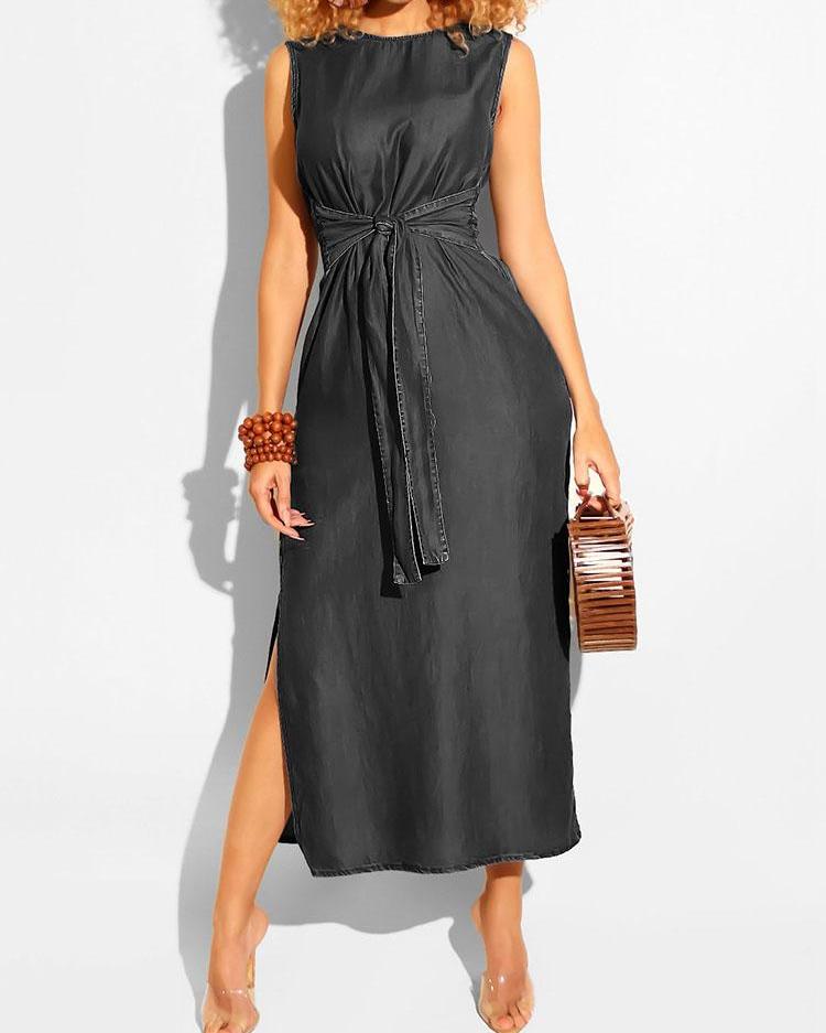 

Sleeveless Knotted Front Slit Denim Dress, Black