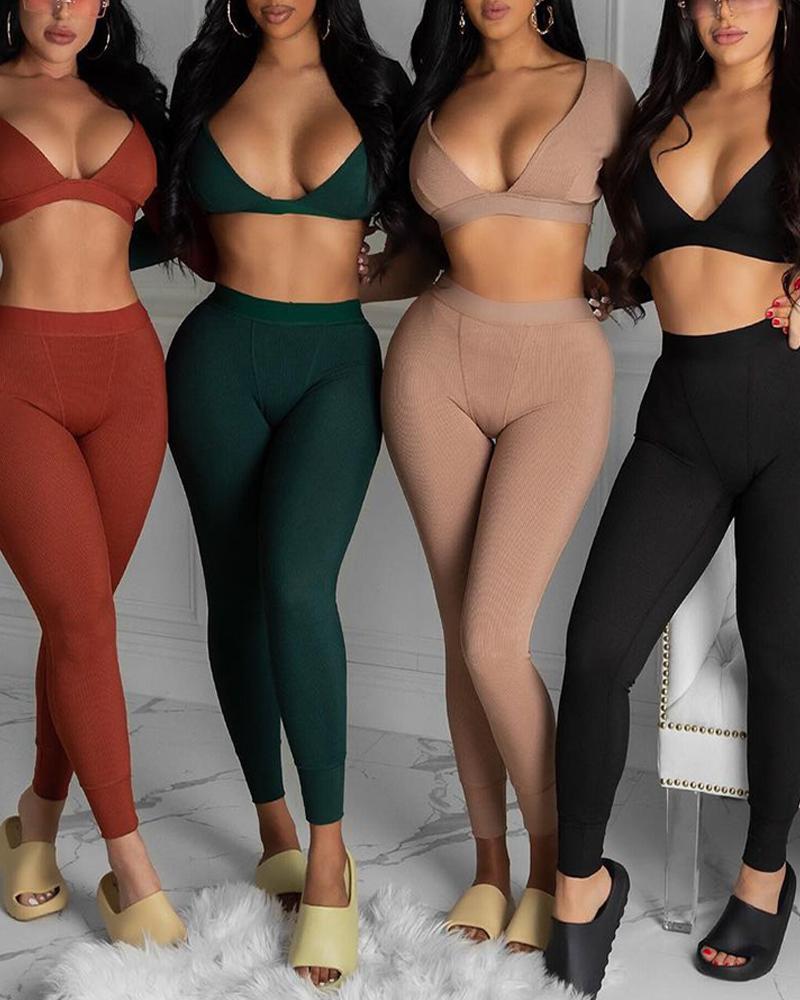 

Plain Crop Top & Skinny Pants Set, Nude