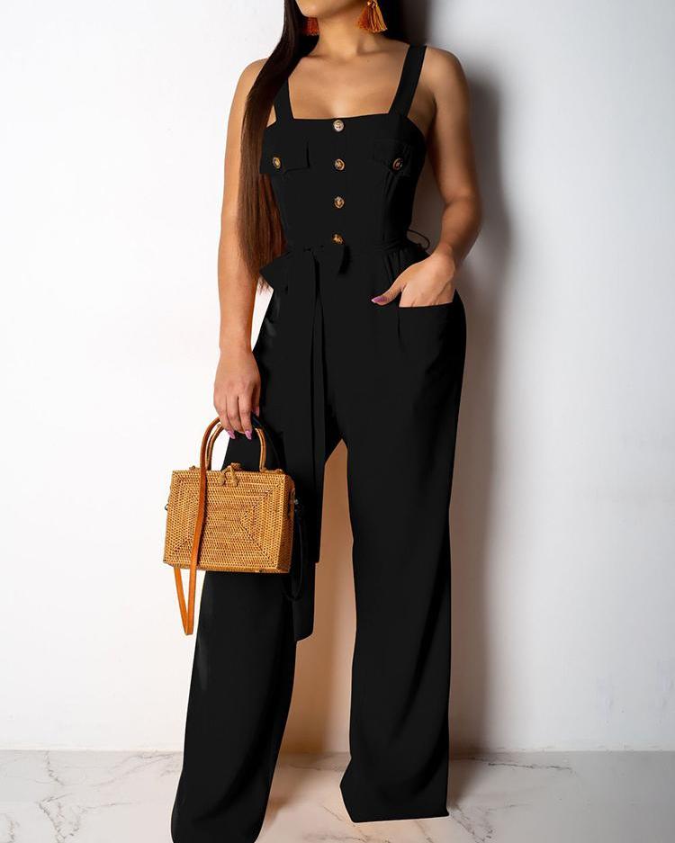 

Button Detail Wide Leg Suspender Jumpsuits, Black