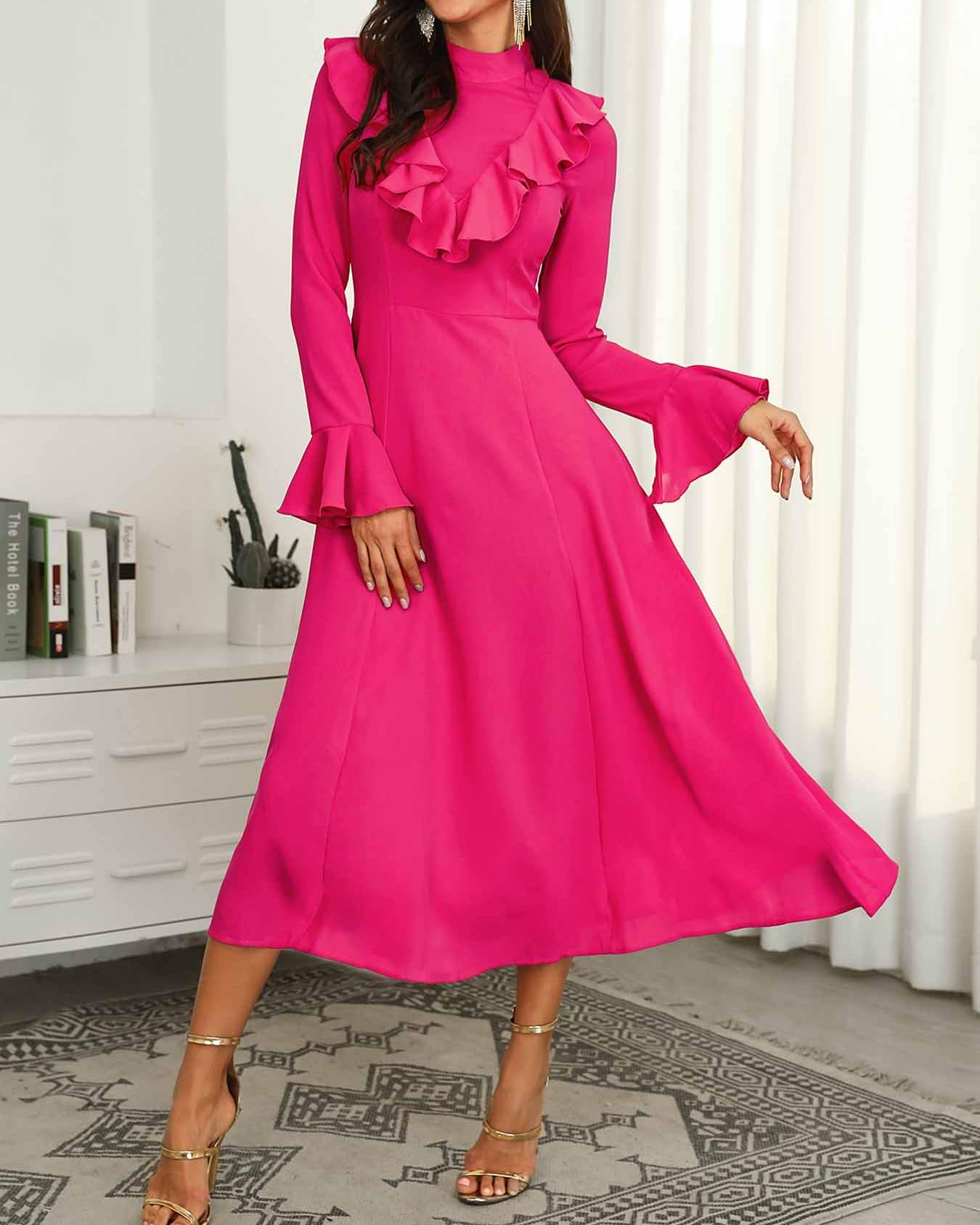 

Solid Ruffles Decorated Bell Sleeve Dress, Rose red