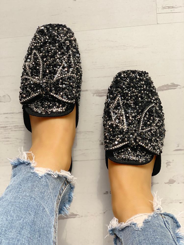 

Sequins Embellished Bowknot Flat Sandals, Black