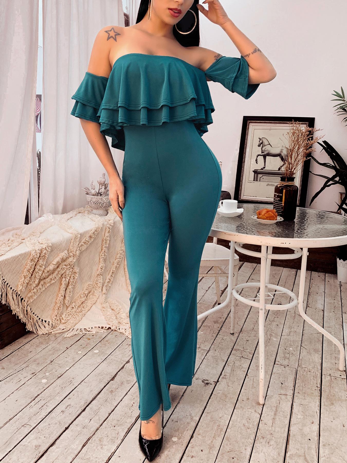 

Off Shoulder Layered Flounce Solid Jumpsuit, Green