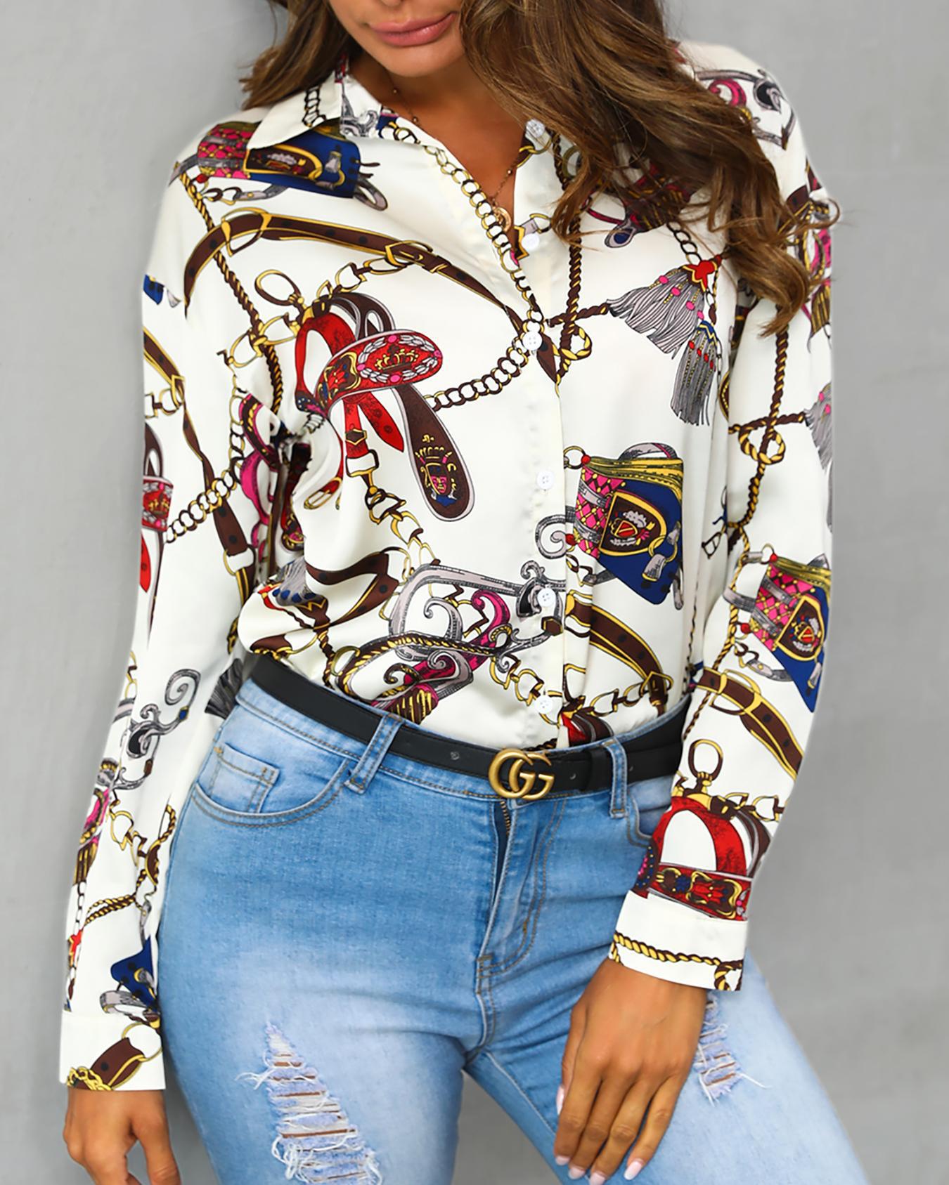 

Scarf Print Button Up Casual Shirt, Multicolor