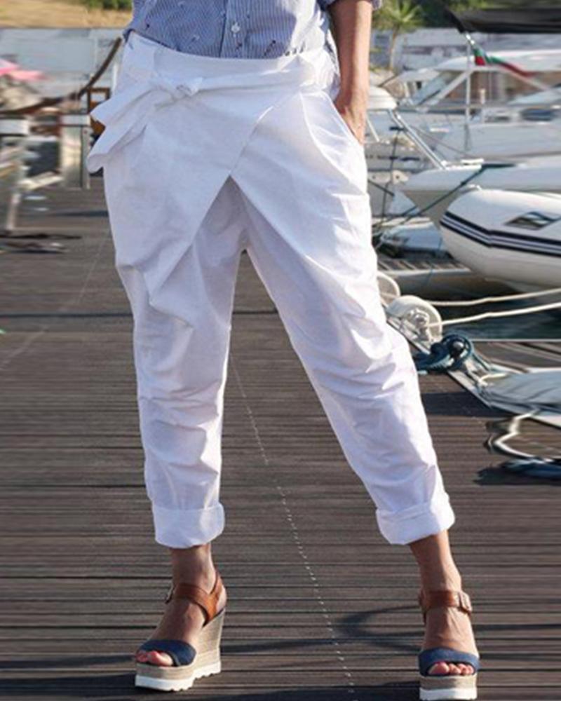 

Cross Over Design Tie Waist Pants, White