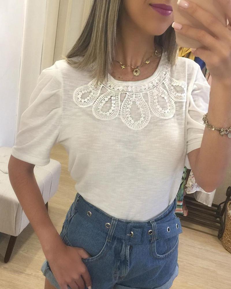 

Lace Insert Short Sleeve Ruched T-shirt, White