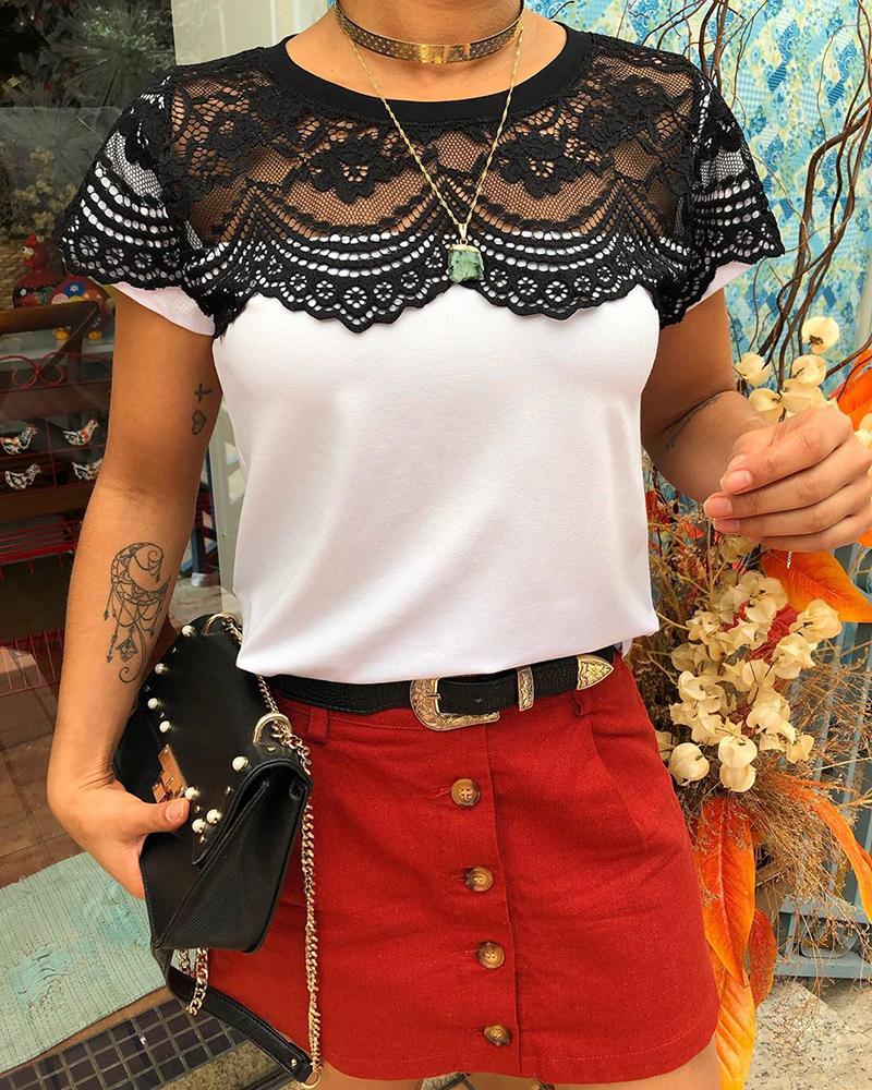 

Round Neck Lace Insert T-shirt, White