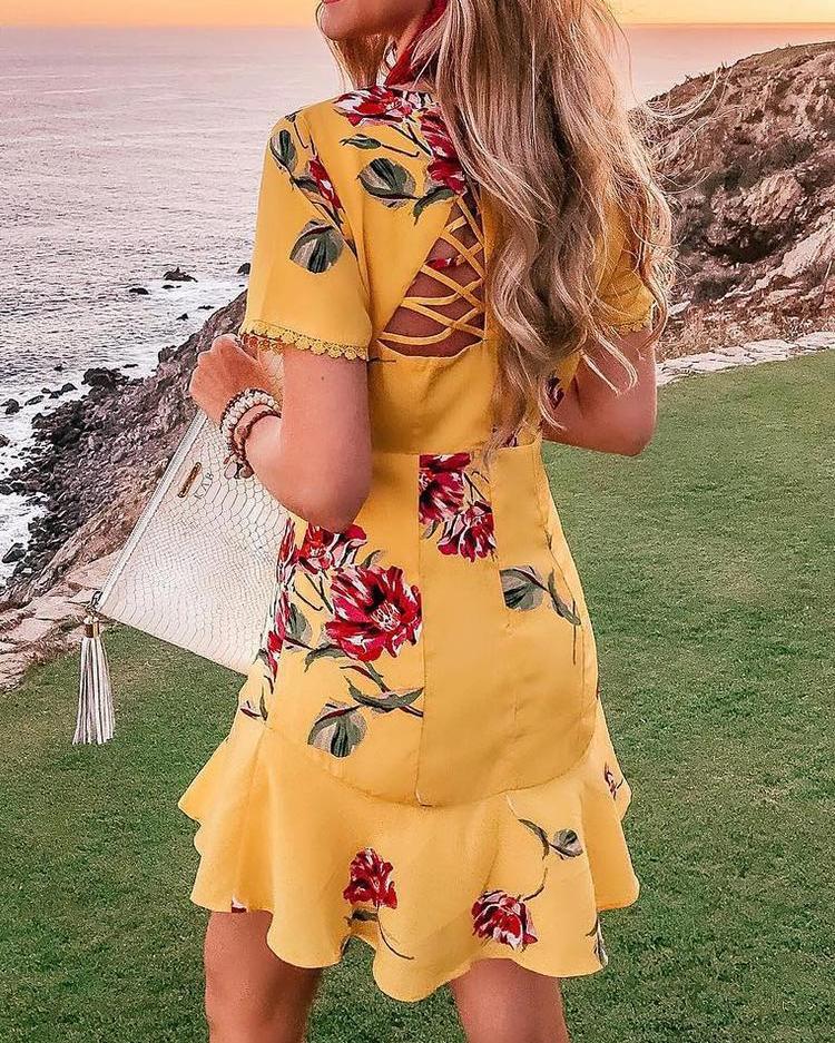 

Floral Lace-Up Back Ruffle Hem Mini Dress