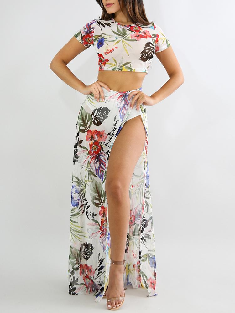 

Sheer Floral Crop Top & Slit Skirt Set