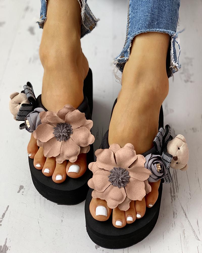 

Flower Embellished Toe Post Wedge Muffin Slipper Sandals, Black