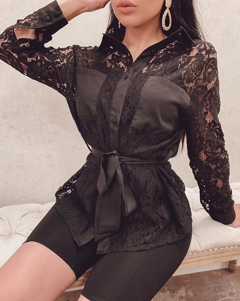 

Pocket Detail Tie Waist Lace Shirt, Black
