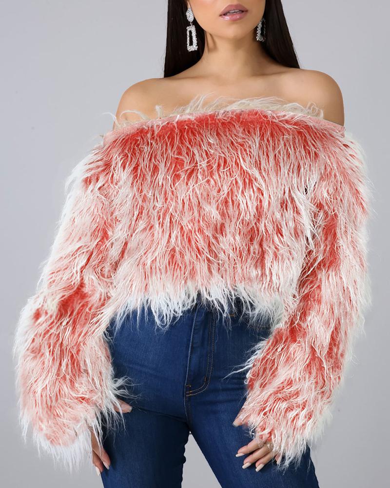 

Fluffy Long Sleeve Off Shoulder Top, Red
