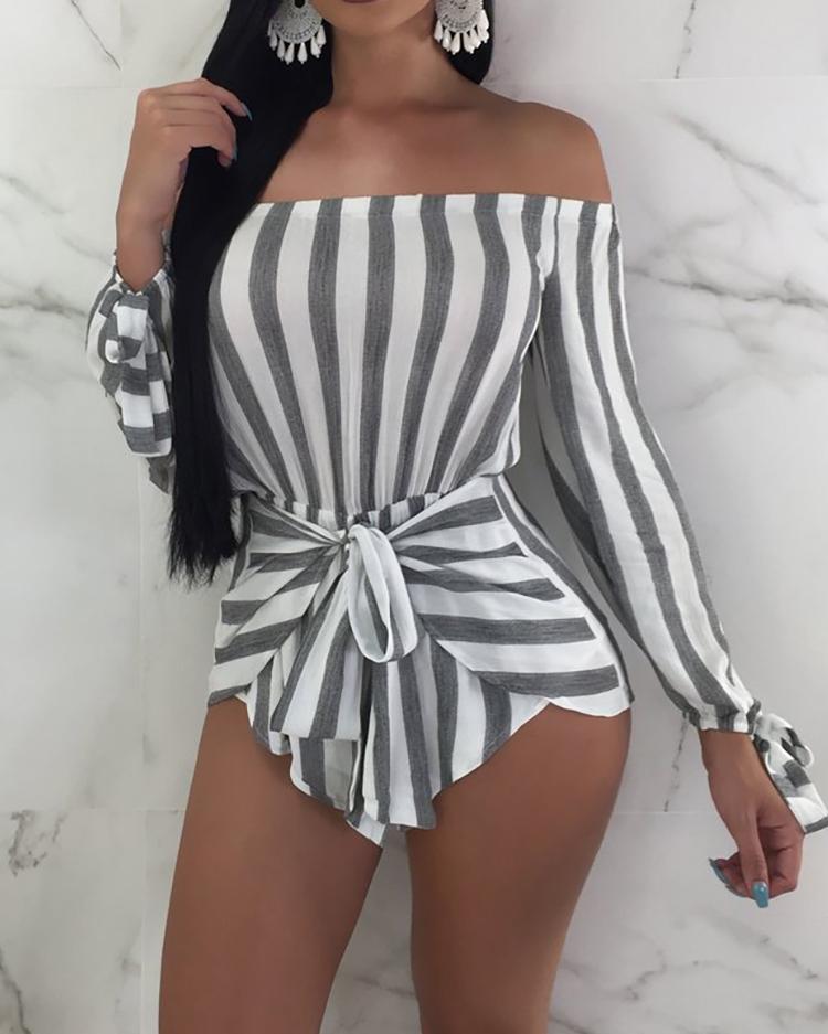 

Sexy Off Shoulder Striped Belted Playsuit, Gray