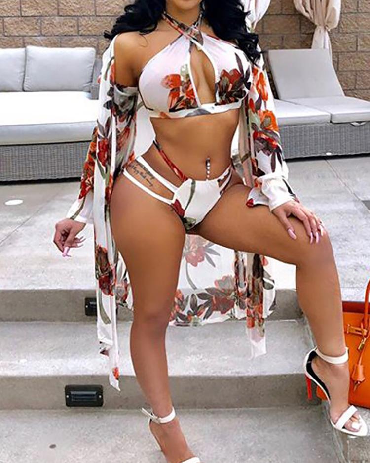 

3PCs Print Halter Bikini Swimsuit Cover Ups, White