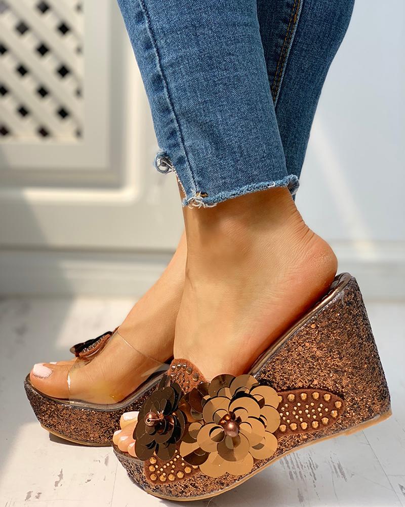 

Transparent Bead Studded Platform Wedge Sandals, Coffee