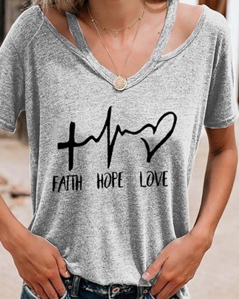 

Letter Print V-Neck Casual T-Shirt, Gray