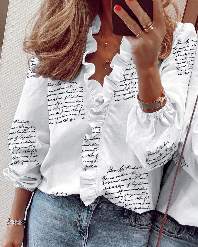 

Long Sleeve Letter Print Ruffles Casual Blouse, White