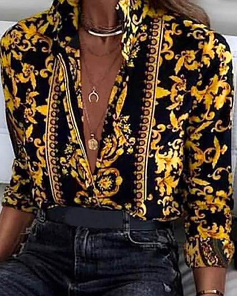 

Baroque Print Long Sleeve Casual Shirt, Black