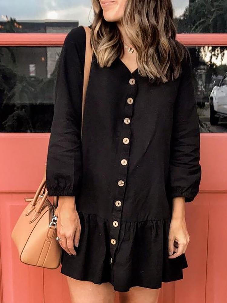 

V-Neck Button Through Ruffles Design Casual Dress, Black