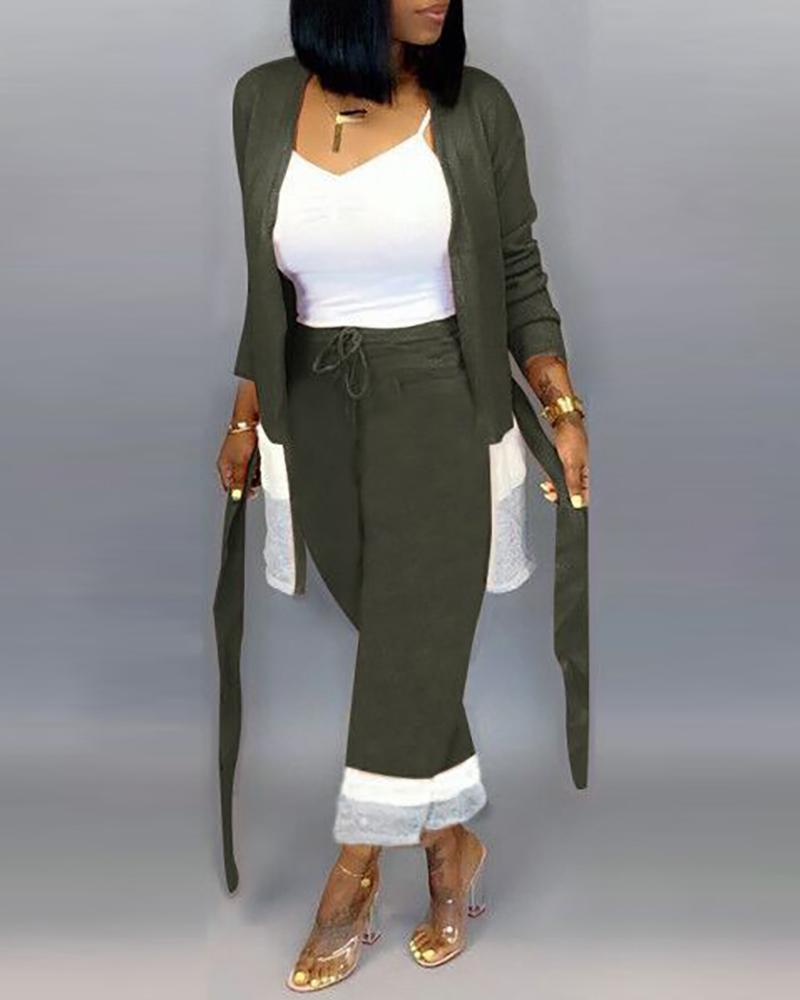 

Colorblock Tied Waist Coat & Casual Drawstring Design Pant Sets