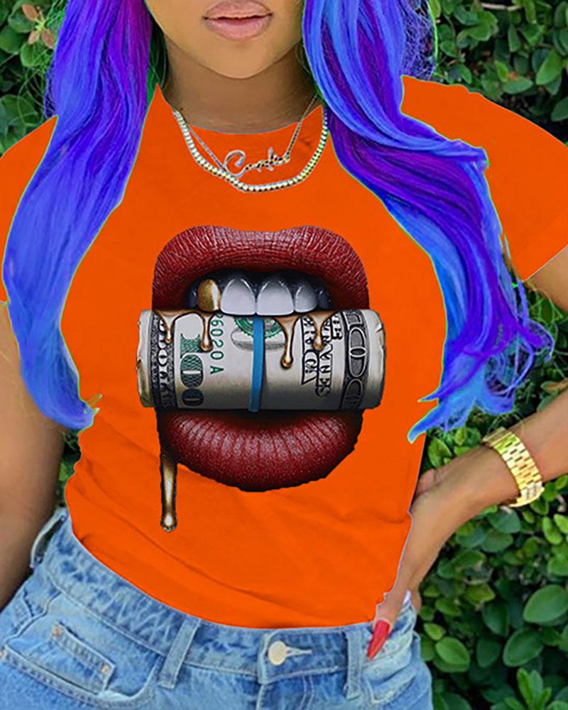 

Lip Print Short Sleeve Casual T-shirt, Orange