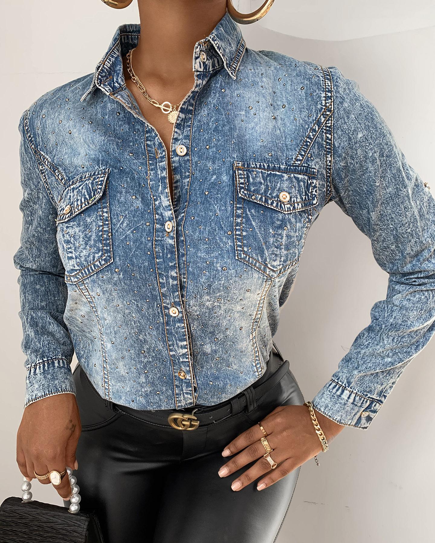 

Studded Buttoned Pocket Design Denim Shirt, Blue