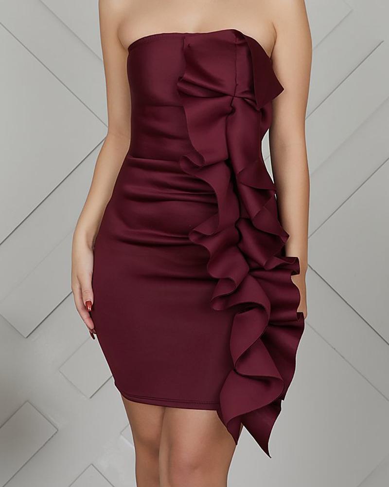 

Off Shoulder Ruffle Detail Tube Dress, Wine red