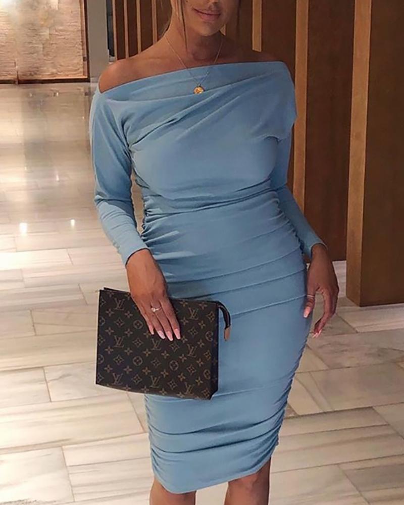 

Off Shoulder Ruched Design Bodycon Dress, Blue