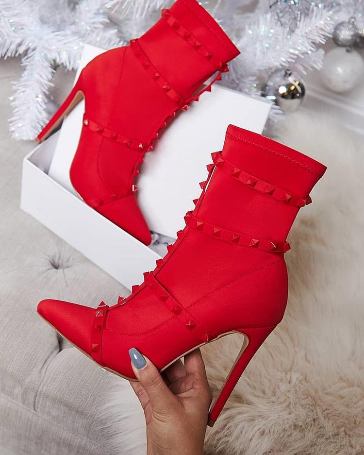

Rivet Embellished Stiletto Ankle Boots, Red