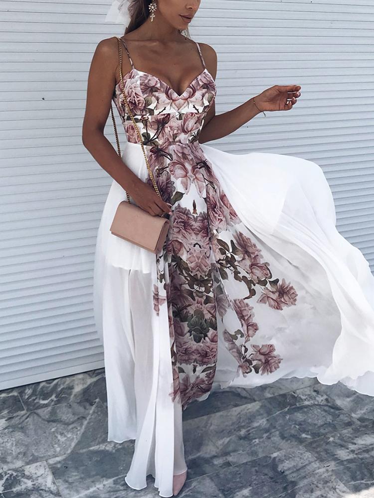 

Floral Print Spaghetti Strap High Slit Dress