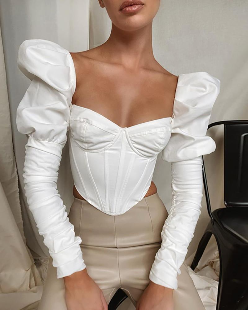 

Plain Puffed Sleeve Crop Top, White
