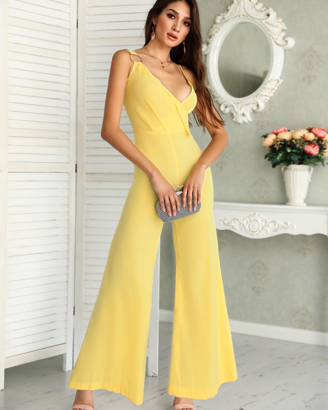 

Irregular Buckle Strap Wrap Wide Leg Jumpsuit, Yellow