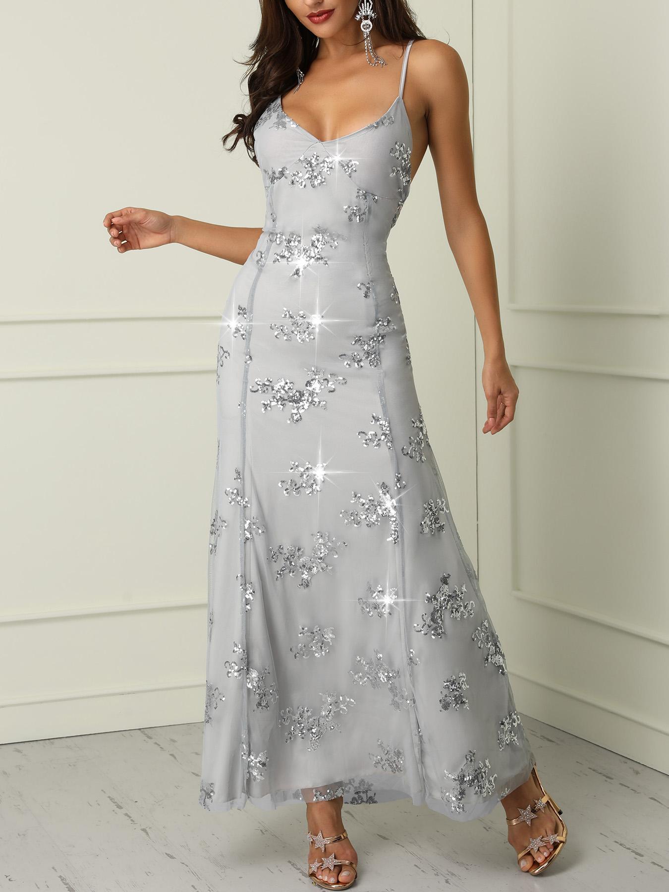 

Open Back Mesh Sequin Embellished Evening Dress, Light gray