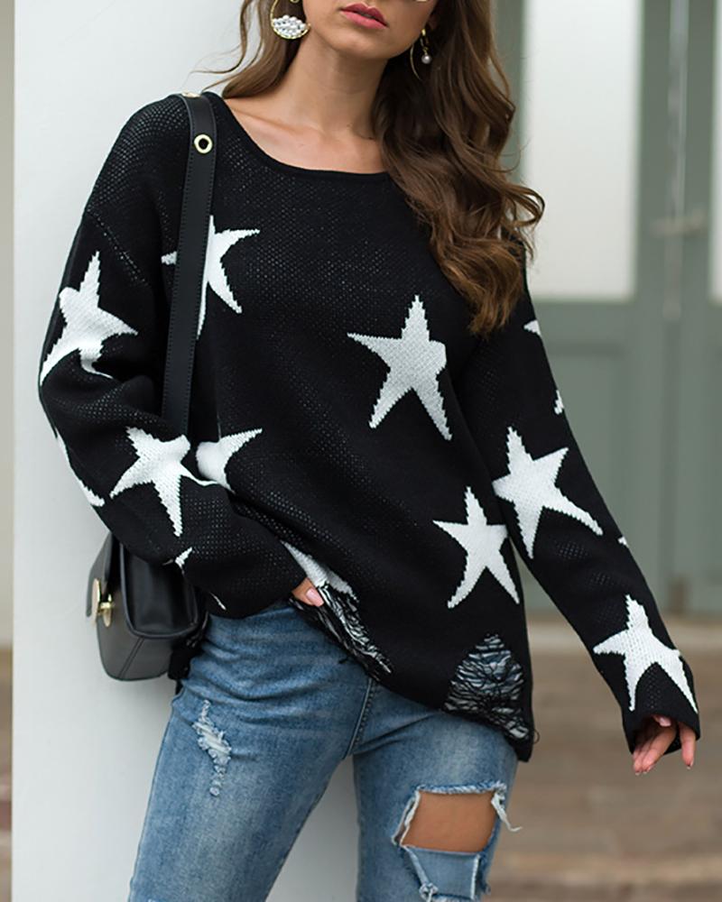 

Star Print Knitted Casual Sweater, Black