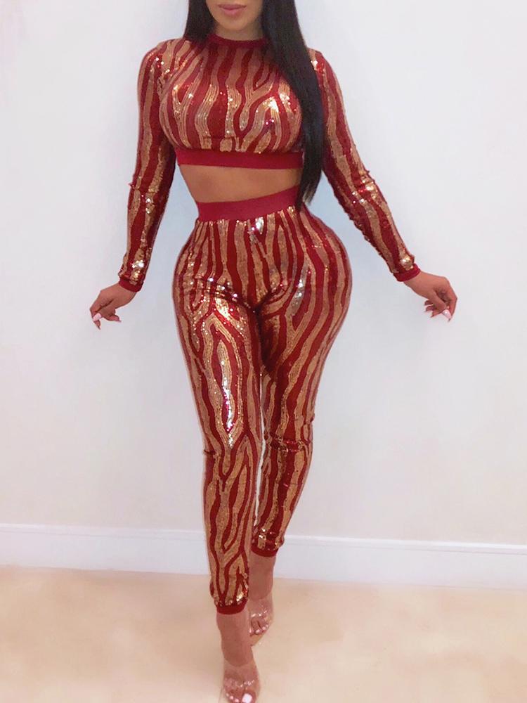 

Shiny Long Sleeve Crop Top & Pant Sets