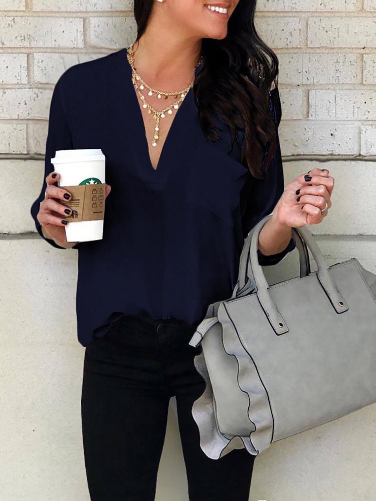 

Solid Deep V-Neck Pocket Design Blouse