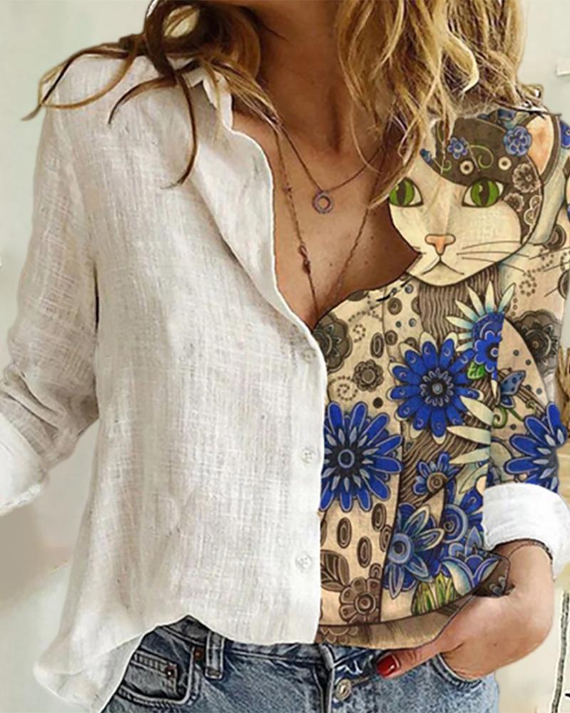 

Cat Sunflower Print Button Design Shirt, Apricot