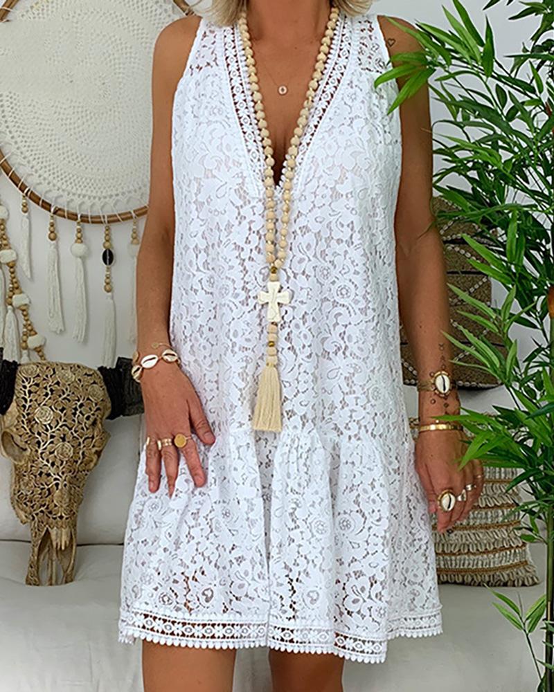 

V Neck Sleeveless Loose Lace Short Dress, White