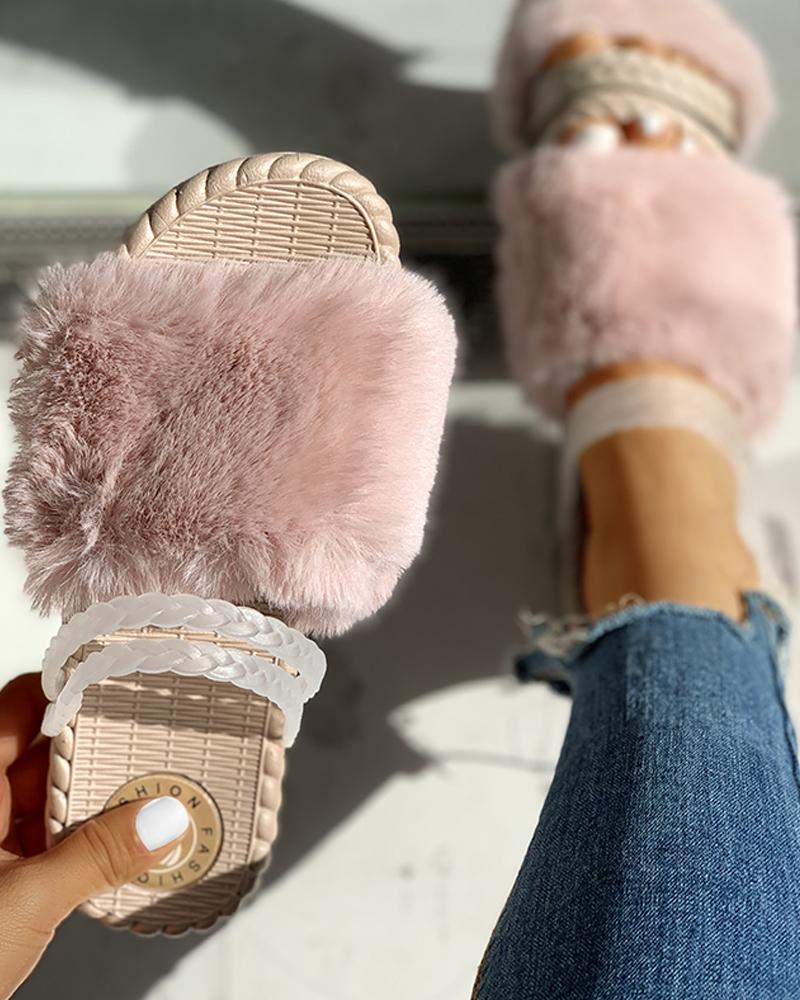 

Peep Toe Fluffy Flip Flops, Pink