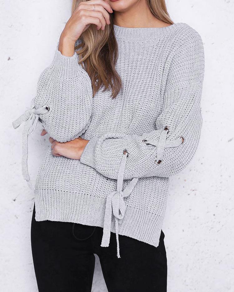 

Tied Lantern Sleeve Solid Color Loose Sweater