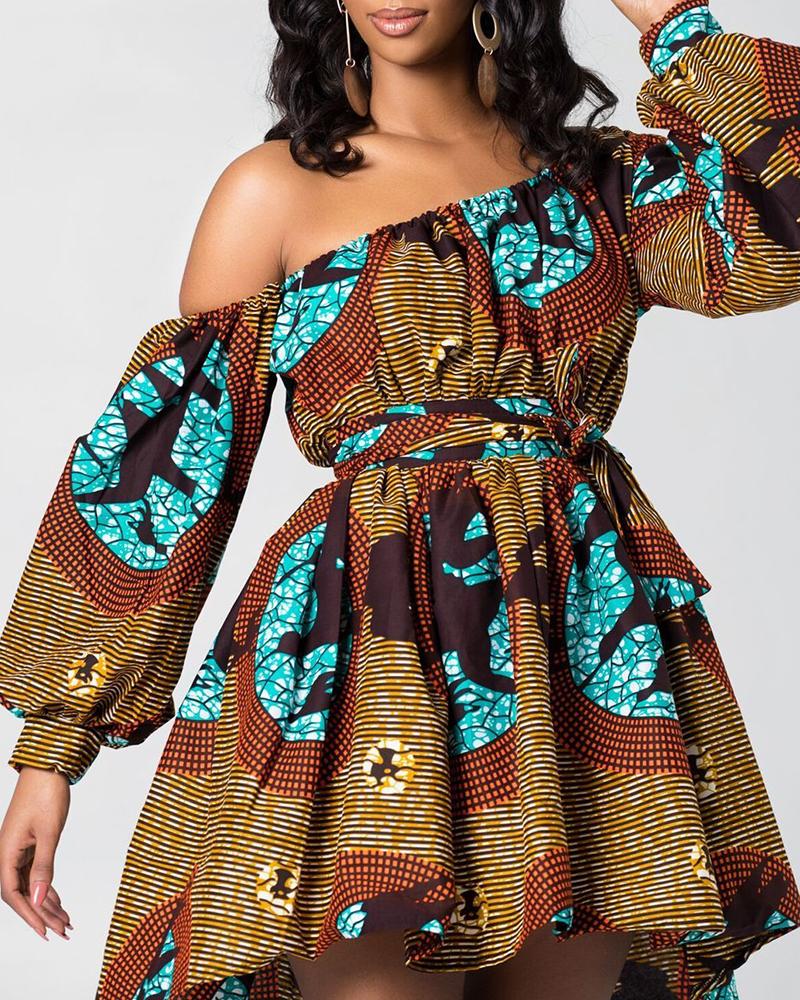 

Print One Shoulder Lantern Sleeve Mini Dress, Brown