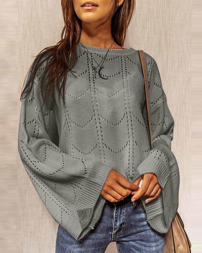 

Plain Hollow-out Long Sleeve Sweater, Gray