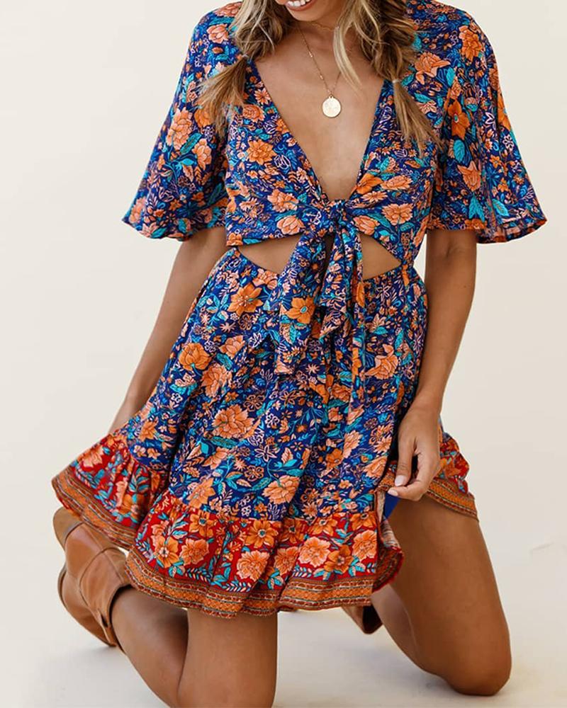 

Floral Tie Front Cut Out Mini Dress, Blue