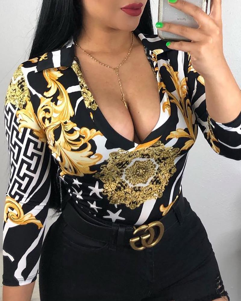 

Baroque Print Plunge Casual Bodysuit