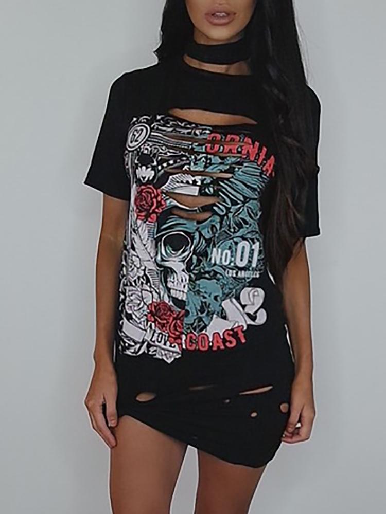 

Hot Spring Ripped Print Casual T-shirt Dress