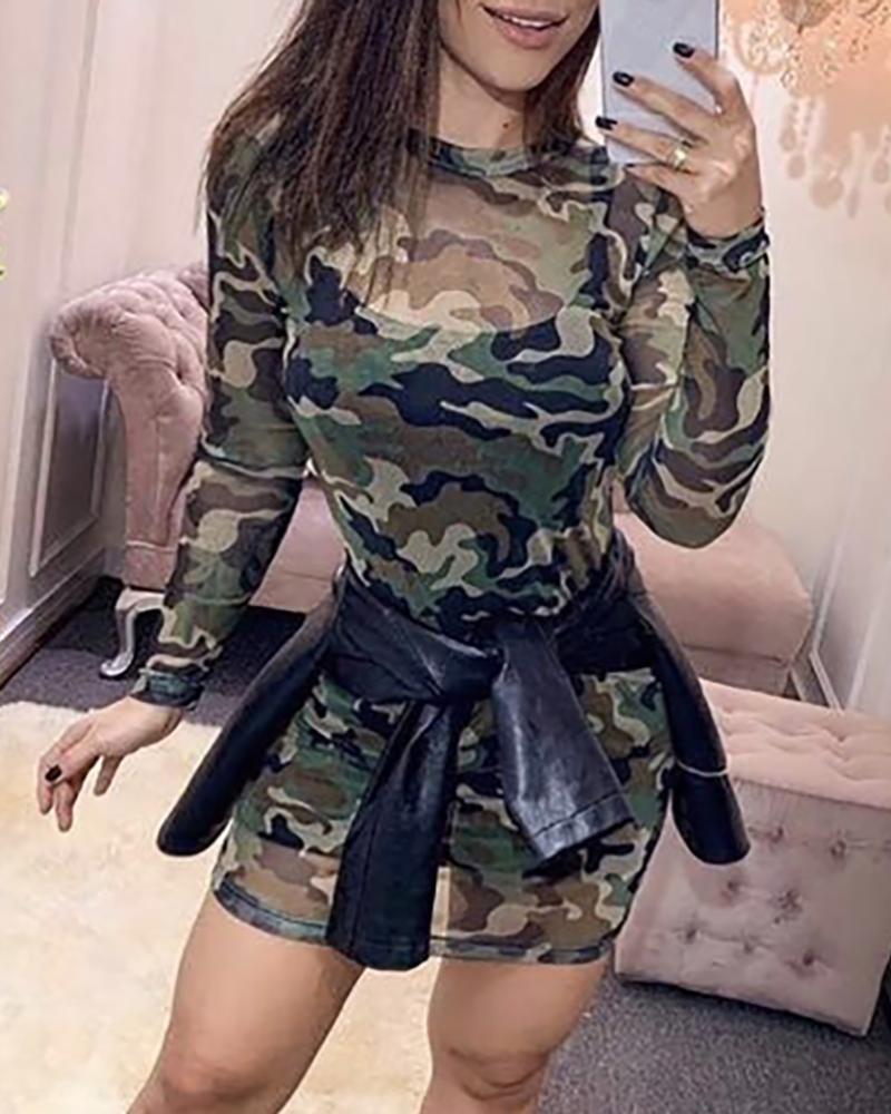 

Round Neck Camouflage Print Casual Dress, Multicolor